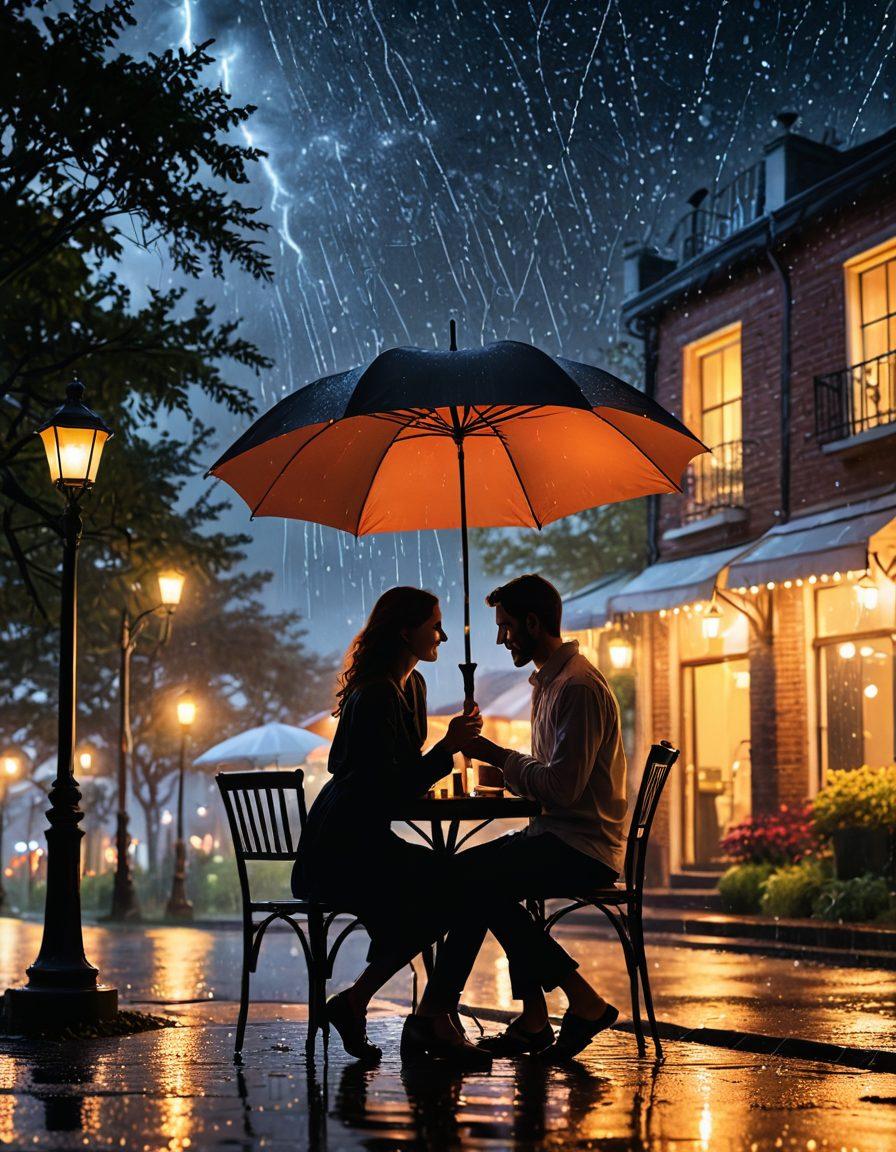 A collage of various romantic adventures featuring couples in different enchanting settings: a couple sharing an umbrella during a rainstorm, another embracing under a starlit sky, and one sharing a candlelit dinner. Each scene radiates warmth and passion with vibrant colors and delicate details, evoking the emotions and excitement of interactive romance stories. painting. vibrant colors.