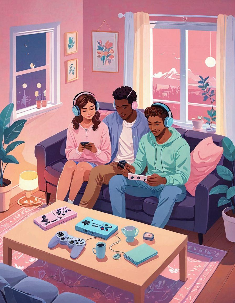 A cozy living room setting where couples are engrossed in playing interactive romance games on various consoles, with soft, warm lighting casting a romantic glow. Think pastel colors, love-themed decorations, and subtle heart motifs in the background. A couple in the foreground is sharing headphones, joyfully engrossed in a game, with a stack of classic romance game titles on a table beside them. vector art. vibrant colors.