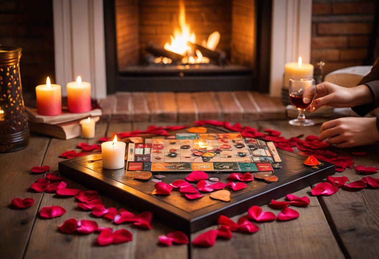 A cozy romantic setting with a couple playing a board game by a fireplace, with candles, rose petals, and soft lighting creating a warm ambiance. The scene should exude intimacy and connection, incorporating small details like a game piece in the shape of a heart and a book titled 'Love Stories' on the coffee table. painting. vibrant colors.